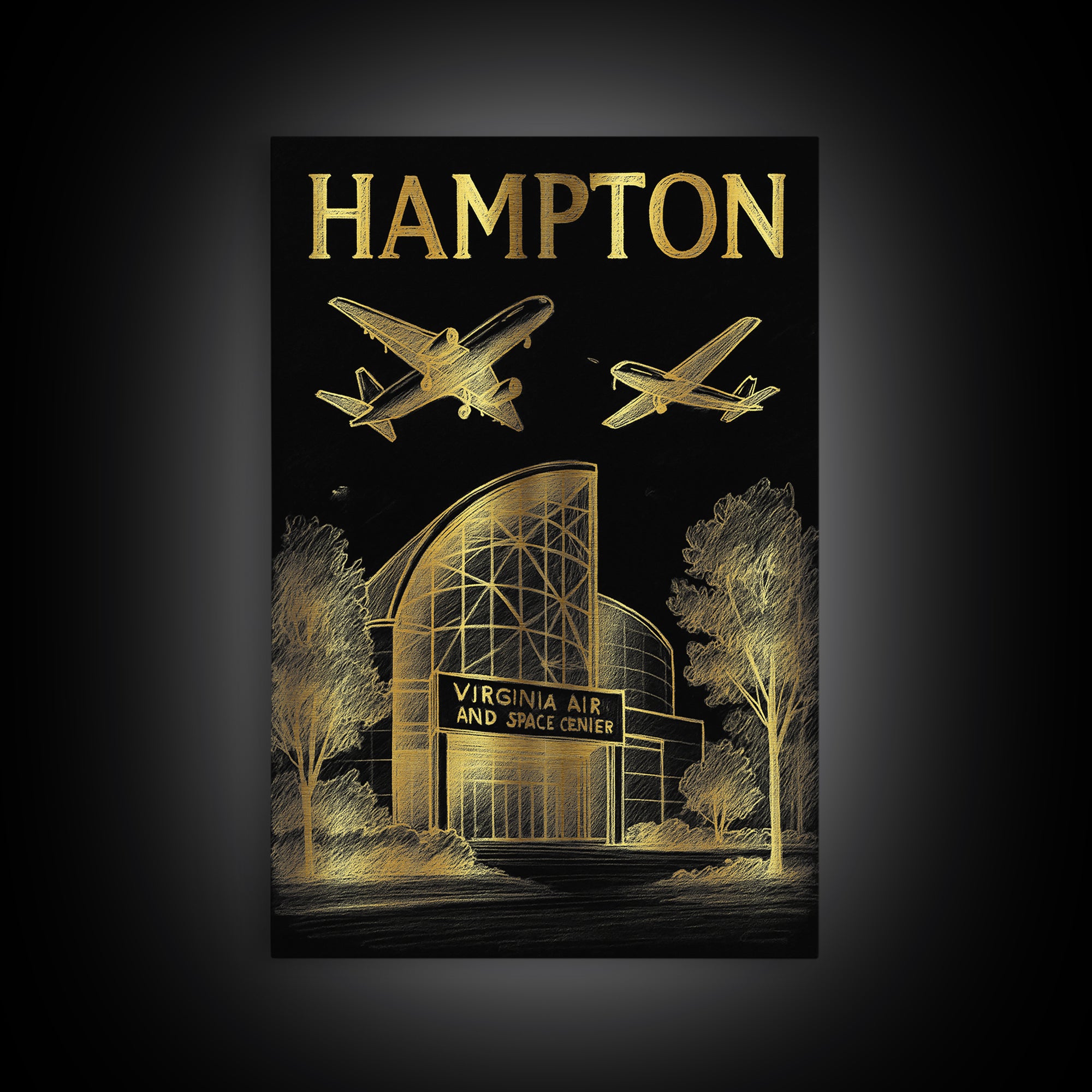 Hampton Virginia Travel Poster, Framed Canvas Print, Black And Gold Line Art, Hampton Art Print, Home Office Decor, Eclectic Wall Decor