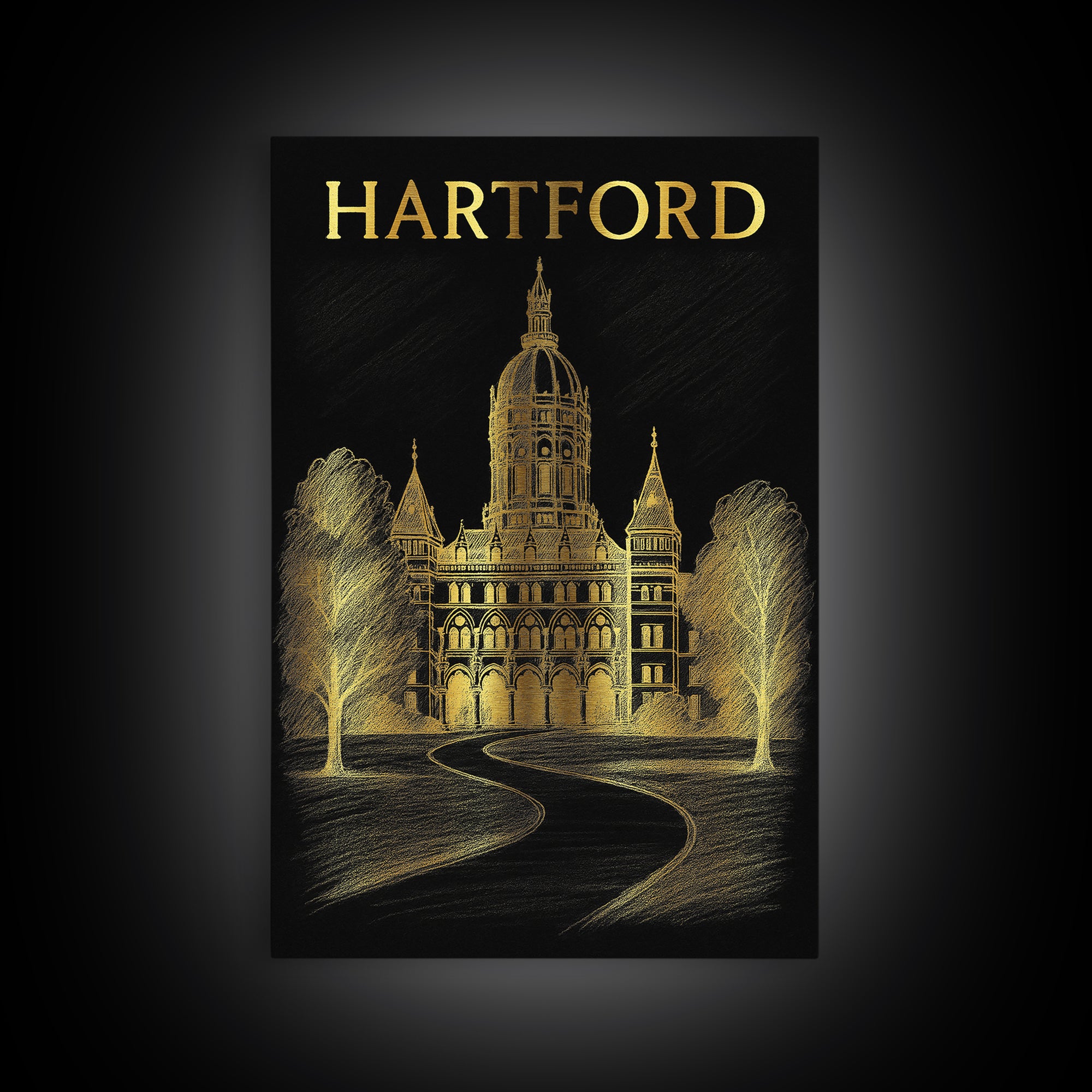 Hartford Connecticut Travel Poster, Canvas Print, Black And Gold Line Art, Hartford Wall Art, Travel Art Print, Travel Wall Art