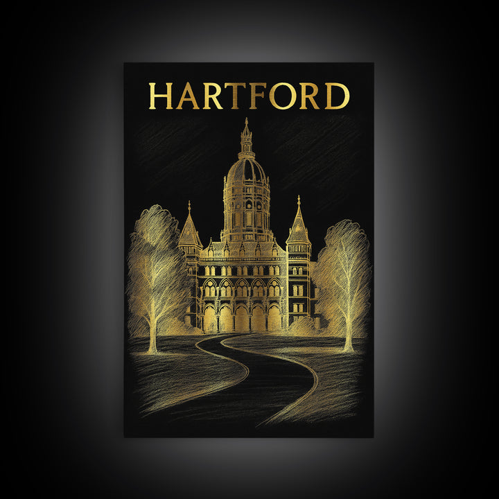 Hartford Connecticut Travel Poster, Canvas Print, Black And Gold Line Art, Hartford Wall Art, Travel Art Print, Travel Wall Art