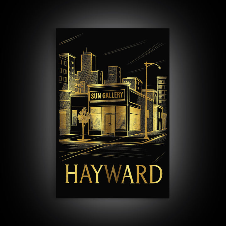 Hayward Travel Poster, Framed Canvas Print, Gold Sketch Wall Art, Hayward Travel Art, Travel Poster Set, City Illustration, Vintage Print