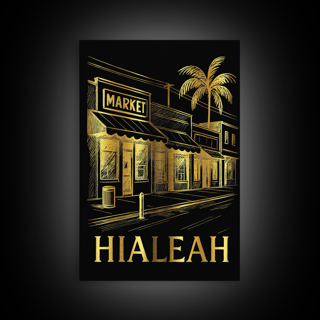 Hialeah Travel Poster, Framed Canvas Print, Elegant Gold City Art, Hialeah Poster Print, Travel Poster Set, Gift For Travelers