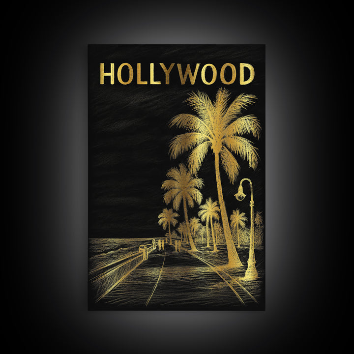 Hollywood Florida Travel Poster, Canvas Print, Dark Background Poster Art, Hollywood Poster Print, Watercolor City Skyline, Travel Print
