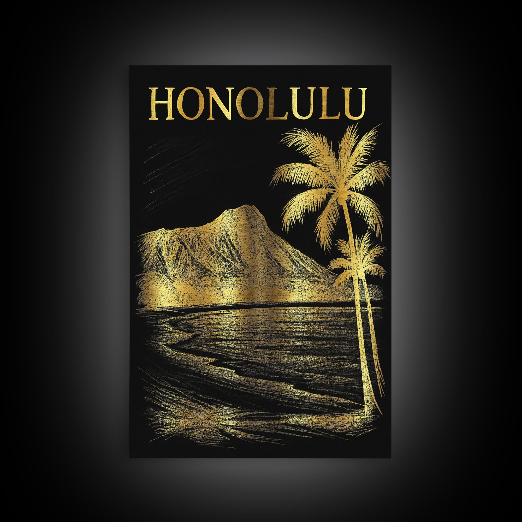 Honolulu Hawaii Travel Poster, Canvas Print, Black And Gold Line Art, Honolulu City Art, Travel Wall Decor, Home Office Decor, Design 1