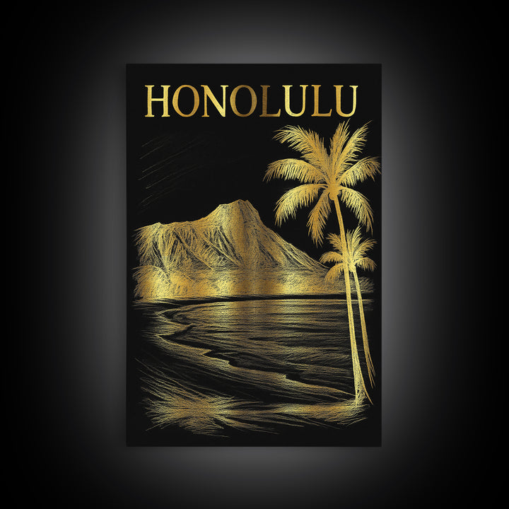 Honolulu Hawaii Travel Poster, Canvas Print, Black And Gold Line Art, Honolulu City Art, Travel Wall Decor, Home Office Decor, Design 1