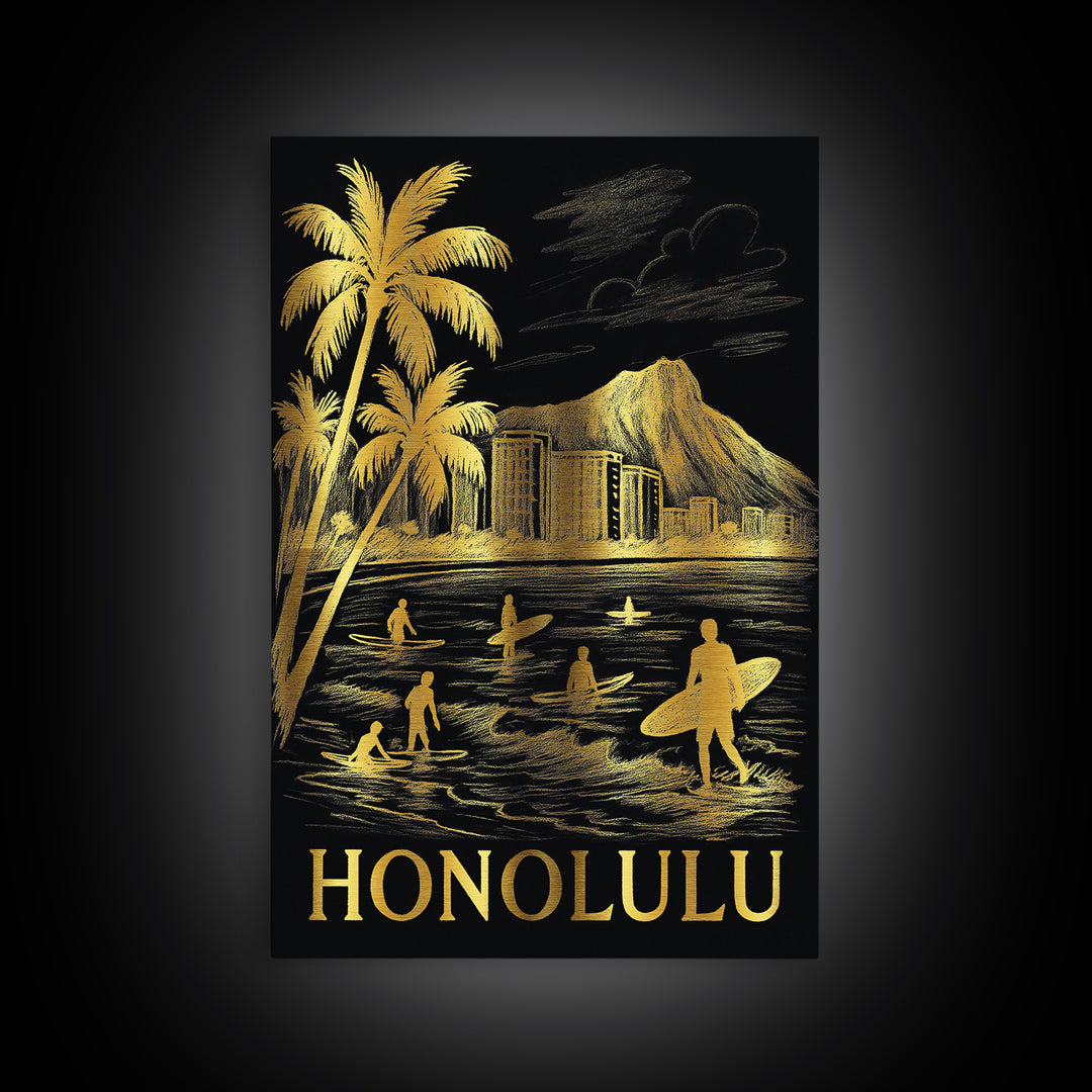 Honolulu Travel Poster, Canvas Print, Black And Gold Line Art, Honolulu Travel Art, Eclectic Wall Decor, Gift For Travelers, Poster Art