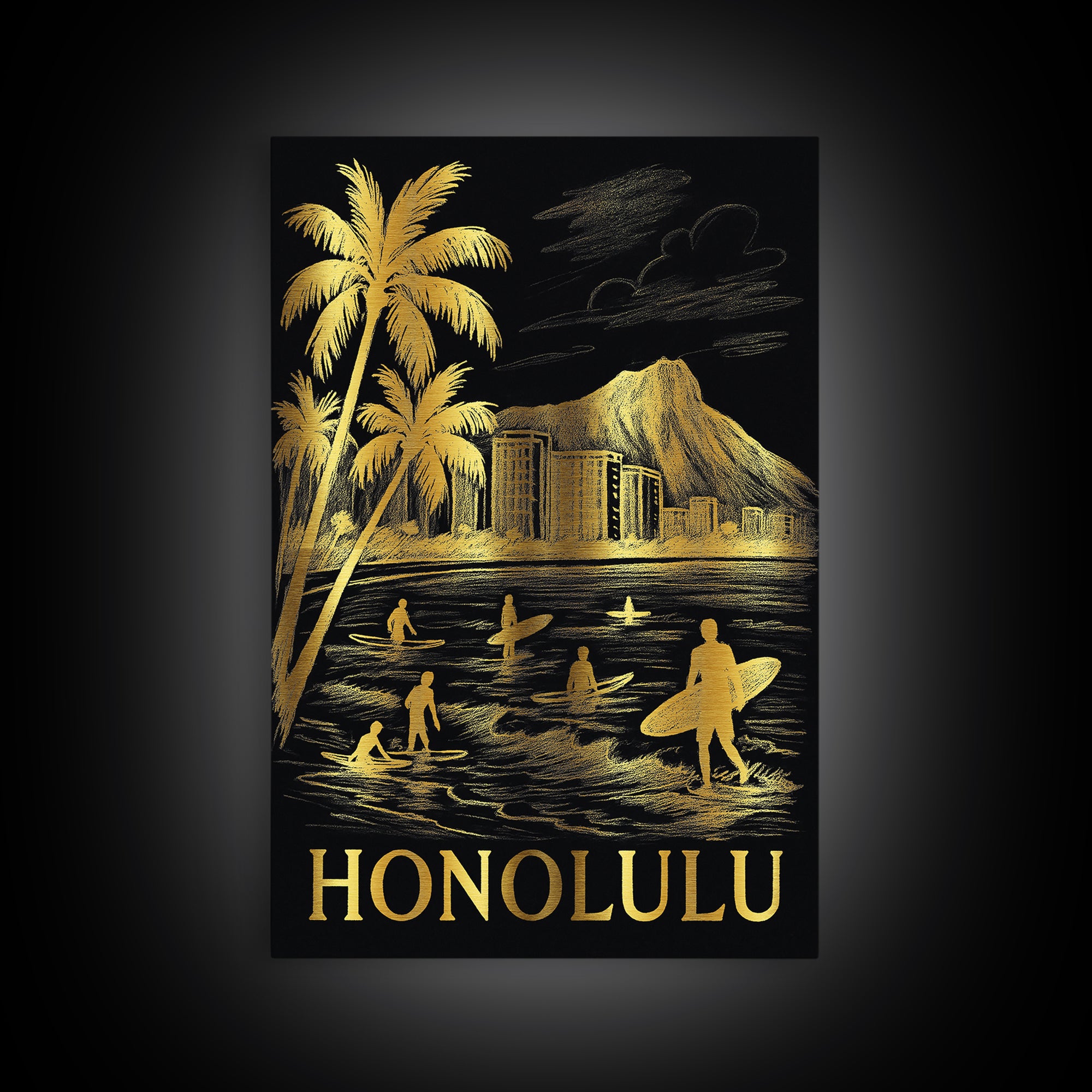 Honolulu Travel Poster, Canvas Print, Black And Gold Line Art, Honolulu Travel Art, Eclectic Wall Decor, Gift For Travelers, Poster Art