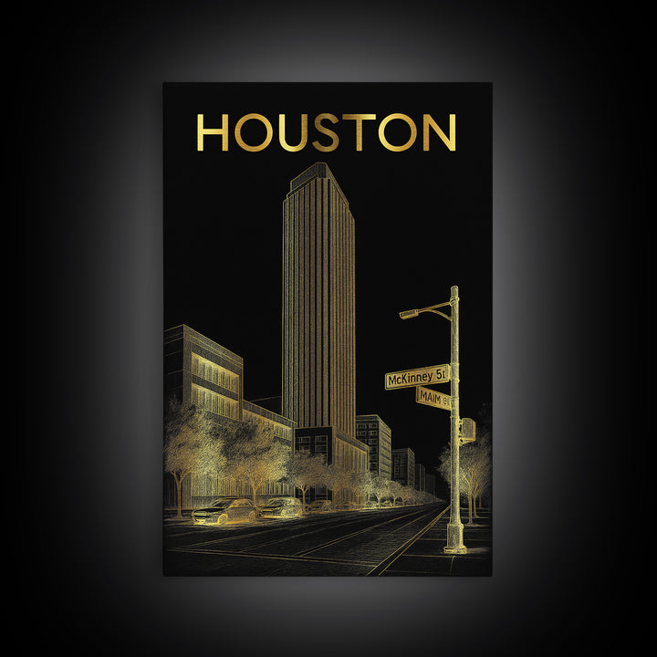 Houston Travel Poster, Canvas Print, Elegant Gold City Art, Houston Poster Print, Gift For Travelers, Travel Wall Art, City Art Print