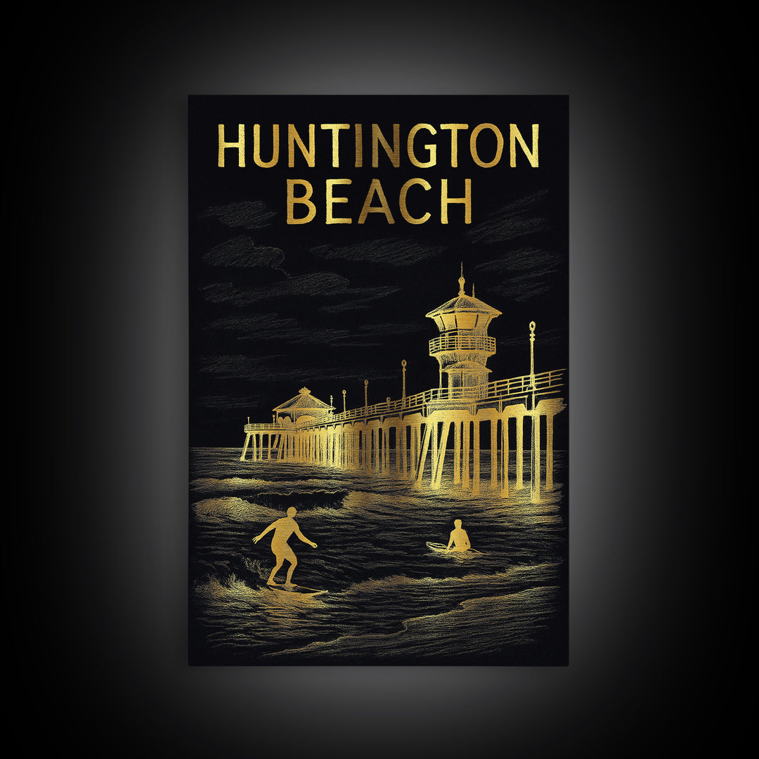 Huntington Beach California Travel Poster, Canvas Print, Black And Gold Line Art, Huntington Beach Travel Art, Travel Art Print