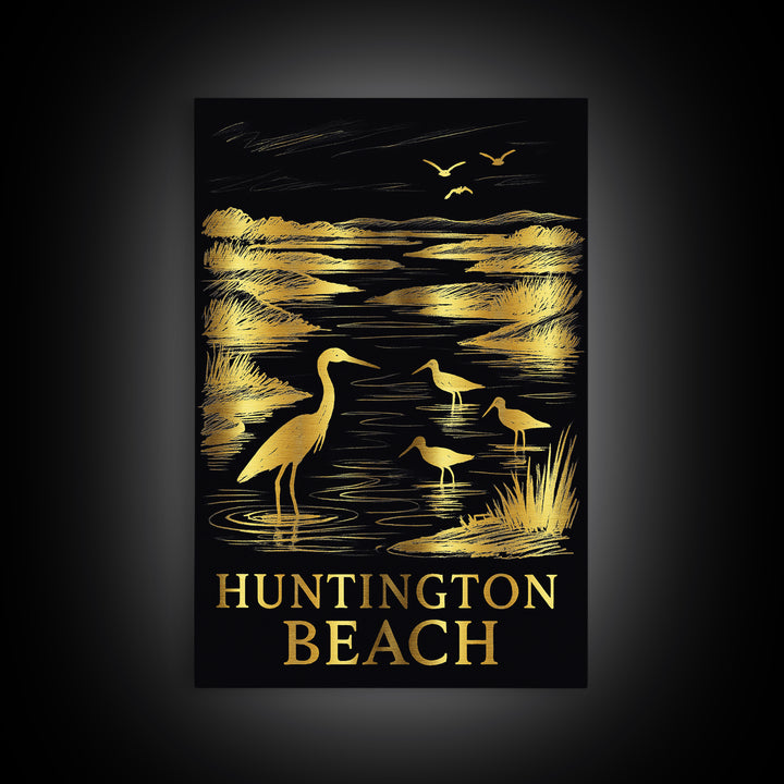 Huntington Beach Travel Poster, Framed Canvas Print, Elegant Gold City Art, Huntington Beach Travel Art, Travel Poster Art, Home Decor