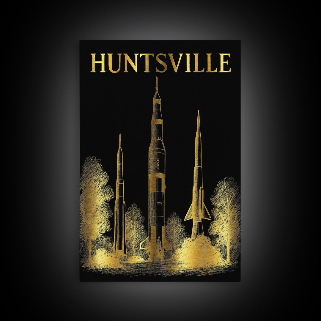 Huntsville Alabama Travel Poster, Canvas Print, Black And Gold Line Art, Huntsville Wall Art, Wall Decor, Mid Century Wall Art, Wall Art