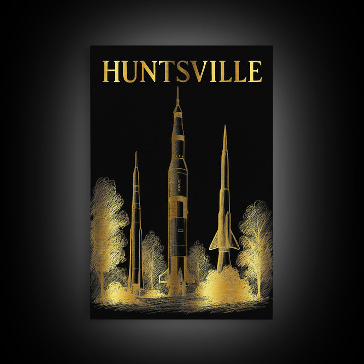 Huntsville Alabama Travel Poster, Canvas Print, Black And Gold Line Art, Huntsville Wall Art, Wall Decor, Mid Century Wall Art, Wall Art