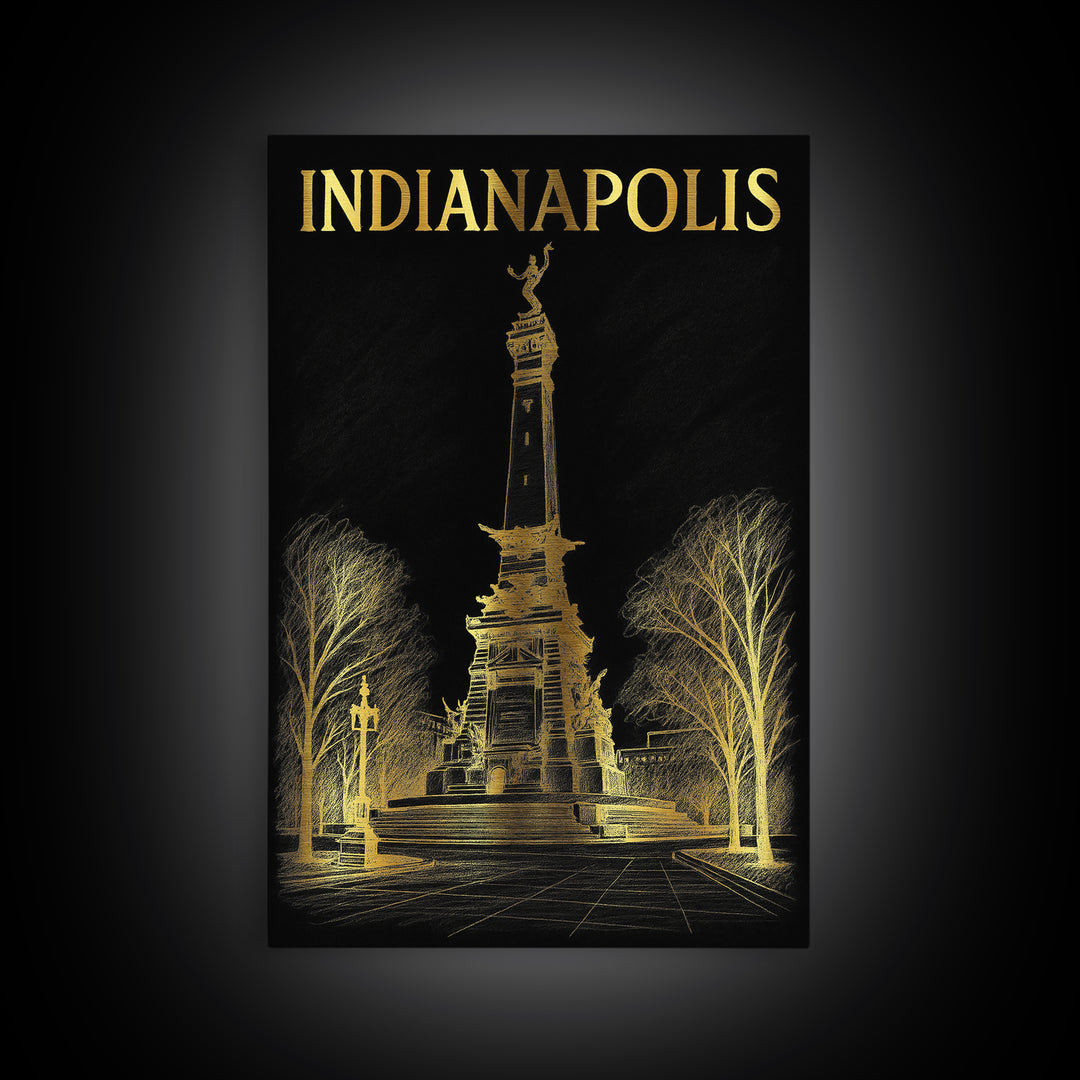 Indianapolis Indiana Travel Poster, Canvas Print, Gold Sketch Wall Art, Indianapolis Poster Print, Wall Decor, City Art Print, Poster Art