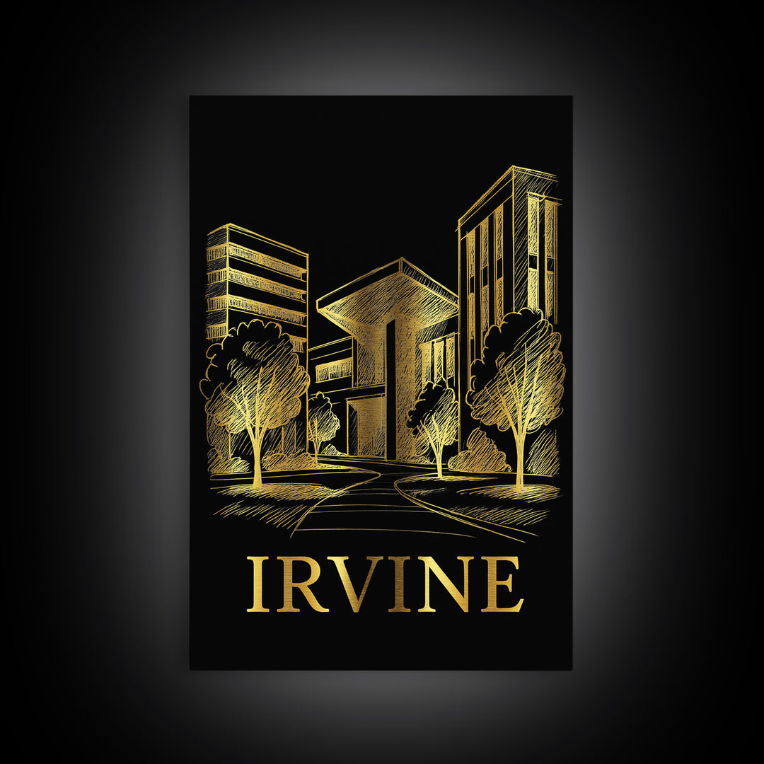 Irvine Travel Poster, Framed Canvas Print, Elegant Gold City Art, Irvine Art Print, Travel Art Print, Vintage Travel Print, Fine Art Print