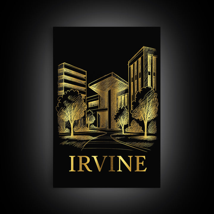 Irvine Travel Poster, Framed Canvas Print, Elegant Gold City Art, Irvine Art Print, Travel Art Print, Vintage Travel Print, Fine Art Print