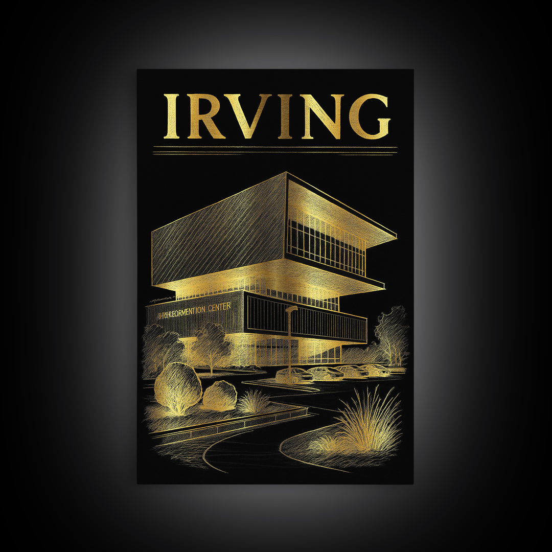 Irving Texas Travel Poster, Canvas Print, Black And Gold Line Art, Irving Print, Wanderlust Decor, Watercolor Skyline, Retro Travel Print