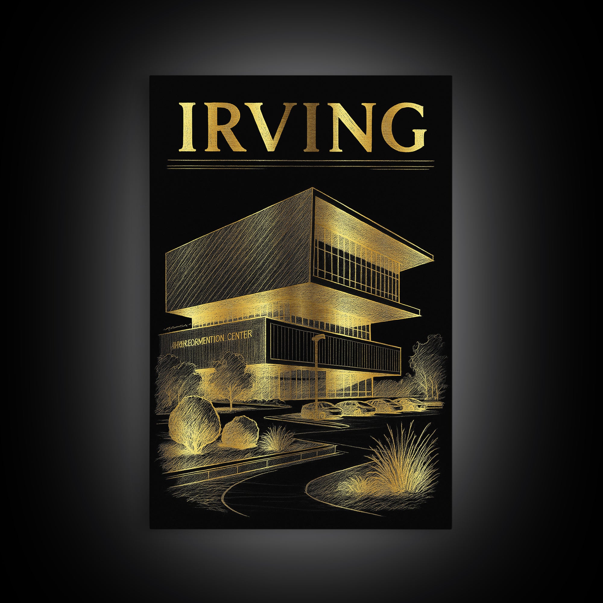 Irving Texas Travel Poster, Canvas Print, Black And Gold Line Art, Irving Print, Wanderlust Decor, Watercolor Skyline, Retro Travel Print