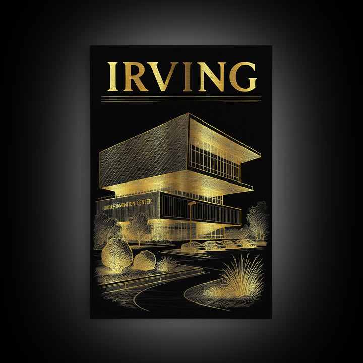 Irving Texas Travel Poster, Canvas Print, Black And Gold Line Art, Irving Print, Wanderlust Decor, Watercolor Skyline, Retro Travel Print
