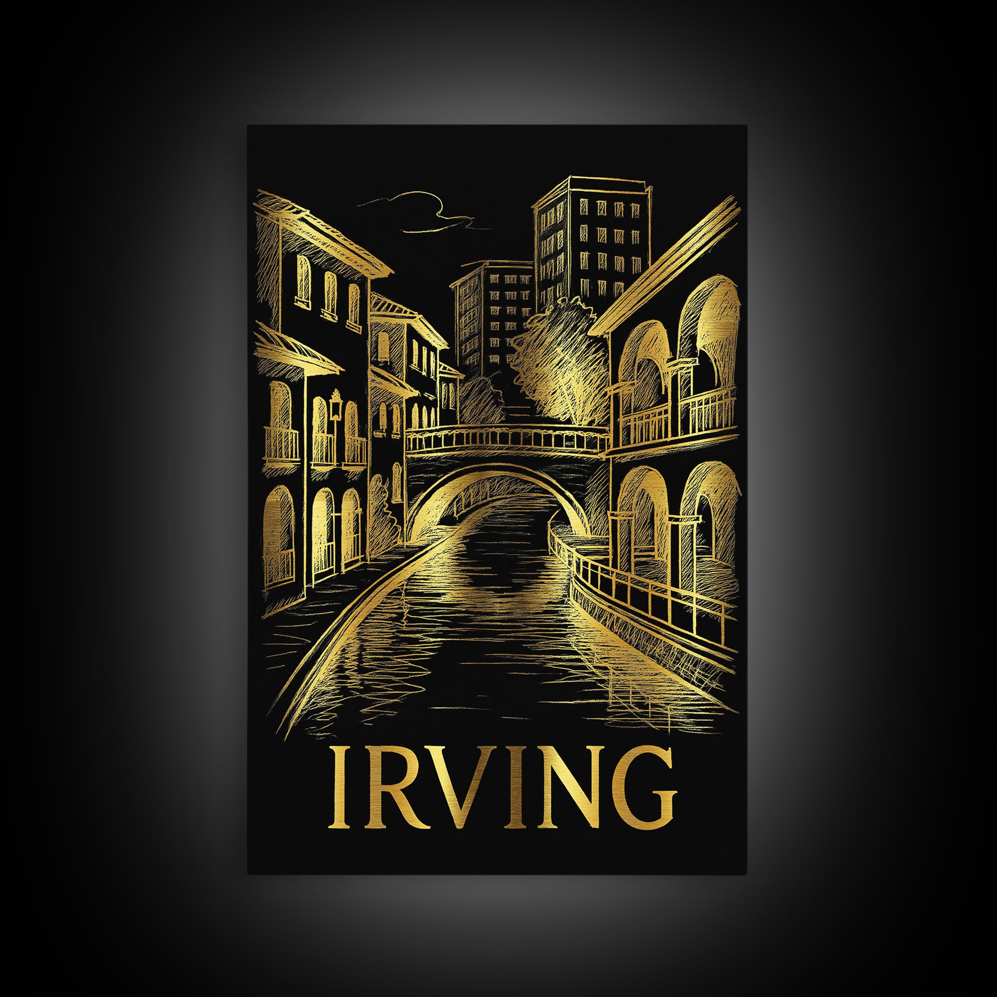 Irving Travel Poster, Framed Canvas Print, Elegant Gold City Art, Irving Poster Print, Vintage City Art, Mid Century Wall Art, Design 2