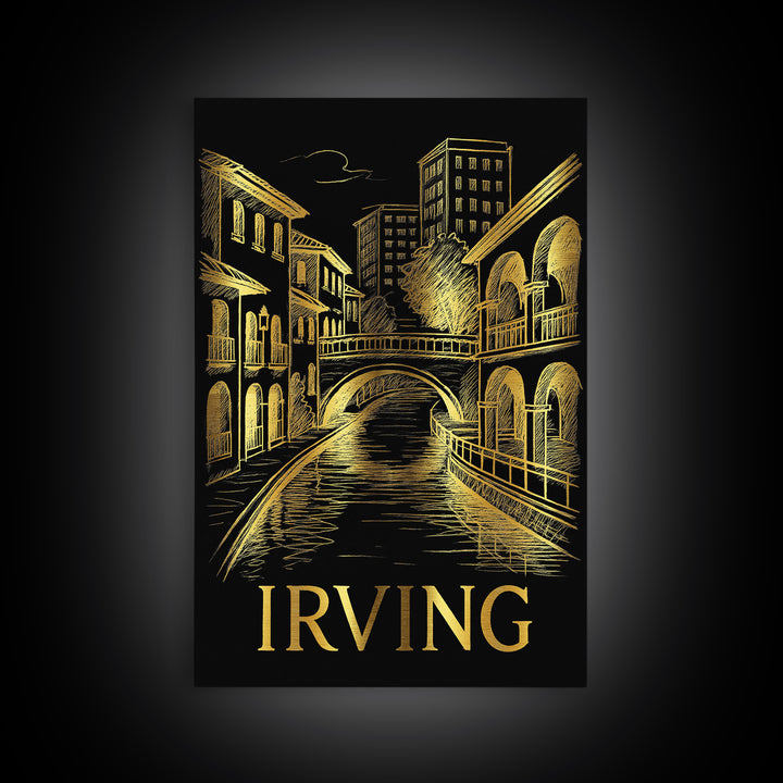 Irving Travel Poster, Framed Canvas Print, Elegant Gold City Art, Irving Poster Print, Vintage City Art, Mid Century Wall Art, Design 2