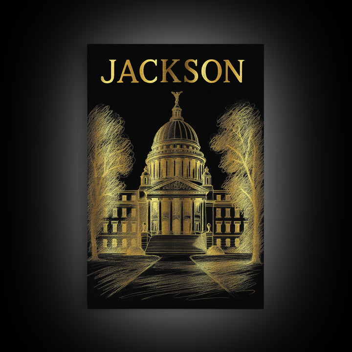 Jackson Mississippi Travel Poster, Canvas Print, Gold Sketch Wall Art, Jackson Wall Art, Travel Print, Fine Art Print, Vintage City Art