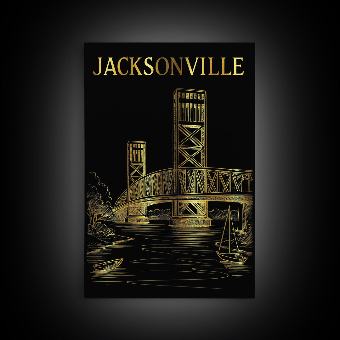 Jacksonville Florida Travel Poster, Canvas Print, Dark Background Poster Art, Jacksonville Wall Art, Retro Travel Print, Travel Poster Art