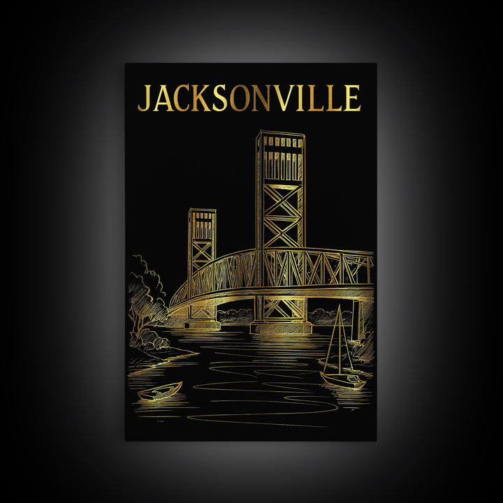 Jacksonville Florida Travel Poster, Canvas Print, Dark Background Poster Art, Jacksonville Wall Art, Retro Travel Print, Travel Poster Art
