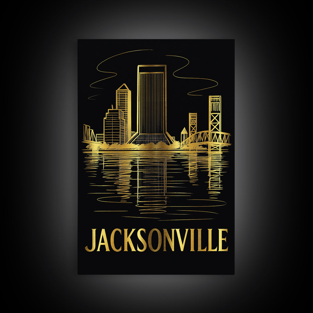 Jacksonville Travel Poster, Canvas Print, Elegant Gold City Art, Jacksonville Wall Art, Gift For Travelers, Wanderlust Decor, Wall Art