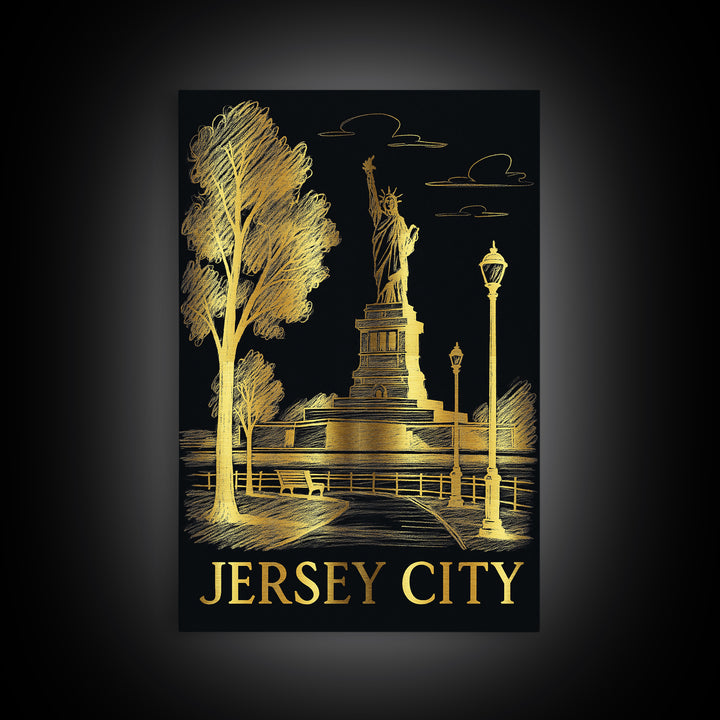 Jersey City Travel Poster, Canvas Print, Black And Gold Line Art, Jersey City Poster Print, Watercolor Urban Skyline, Home Office Decor