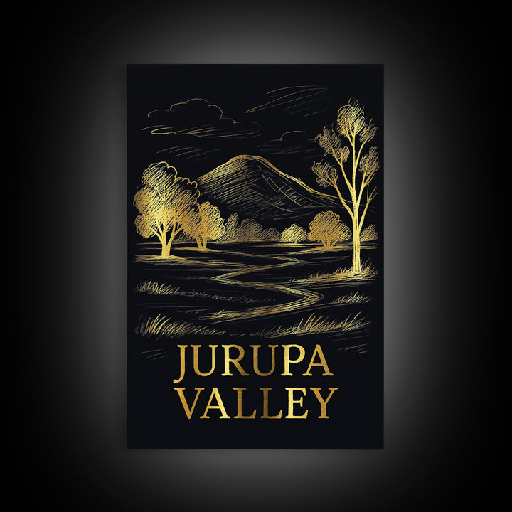 Jurupa Valley Travel Poster, Framed Canvas Print, Elegant Gold City Art, Jurupa Valley Art Print, Watercolor Skyline, Home Office Decor