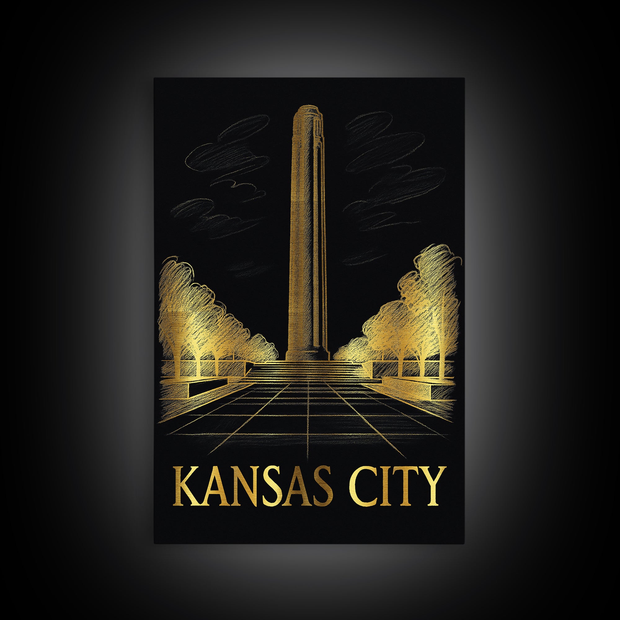 Kansas City Travel Poster, Framed Canvas Print, Black And Gold Line Art, Kansas City Art Print, Eclectic Wall Decor, Travel Wall Decor