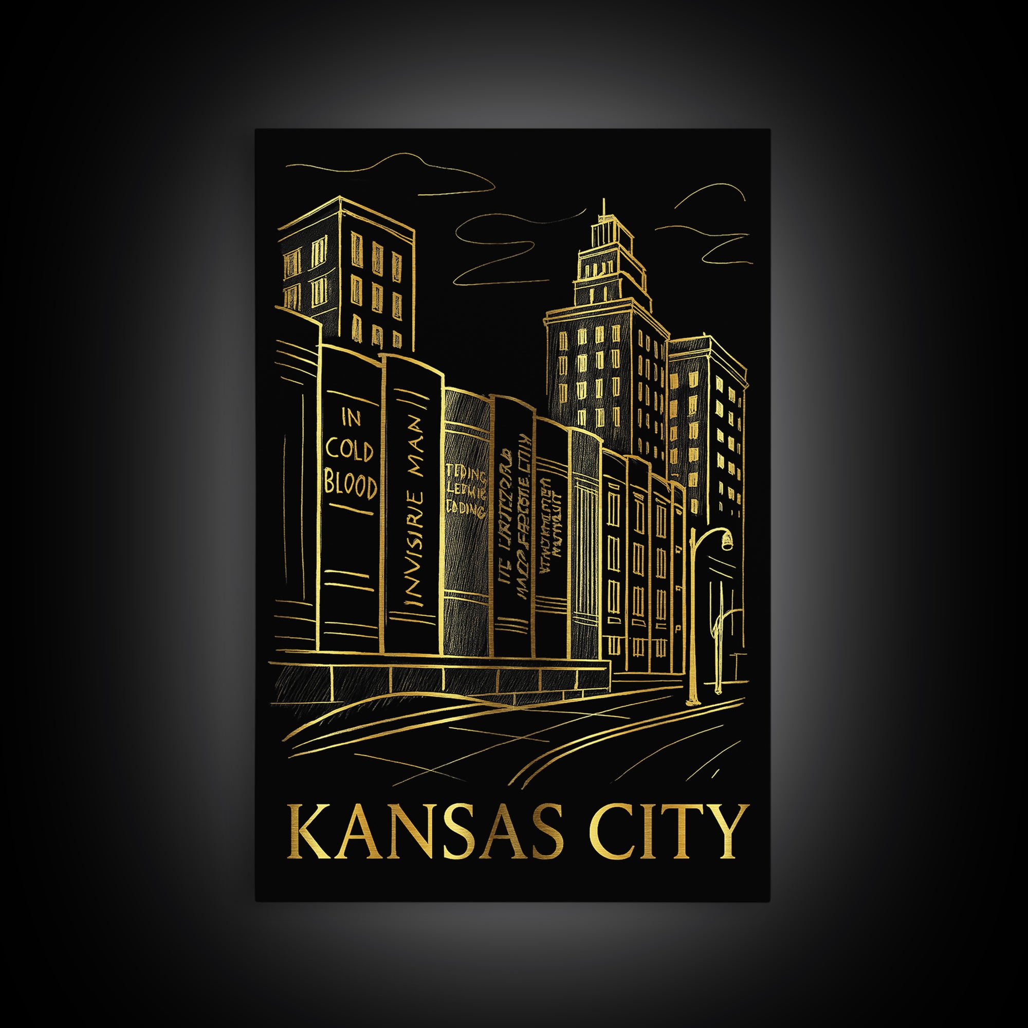 Kansas City Travel Poster, Framed Canvas Print, Black And Gold Line Art, Kansas City City Art, Living Room Wall Art, Gift For Travelers