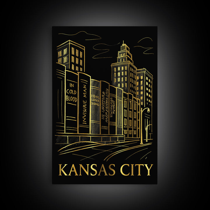 Kansas City Travel Poster, Framed Canvas Print, Black And Gold Line Art, Kansas City City Art, Living Room Wall Art, Gift For Travelers
