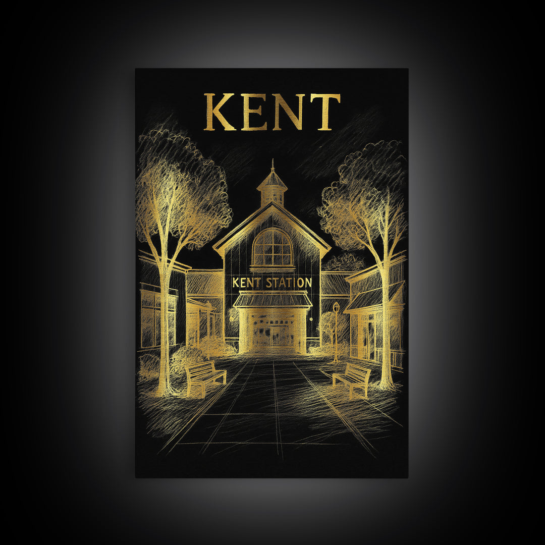 Kent Washington Travel Poster, Canvas Print, Black And Gold Line Art, Kent Travel Art, Wall Decor, Retro Travel Print, Travel Art Print