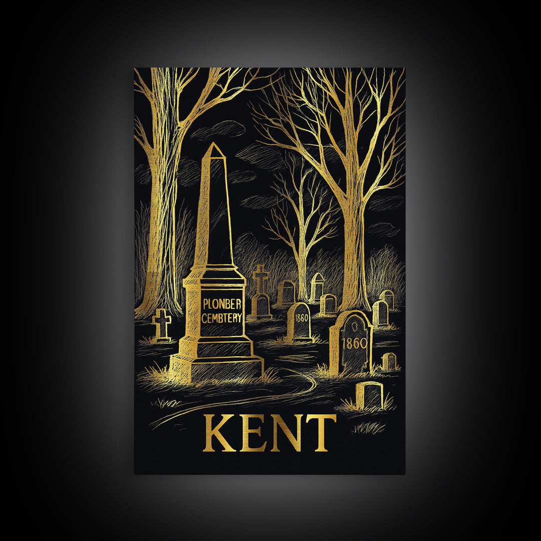 Kent Travel Poster, Framed Canvas Print, Elegant Gold City Art, Kent City Art, Travel Poster Art, Vintage Travel Art, City Illustration