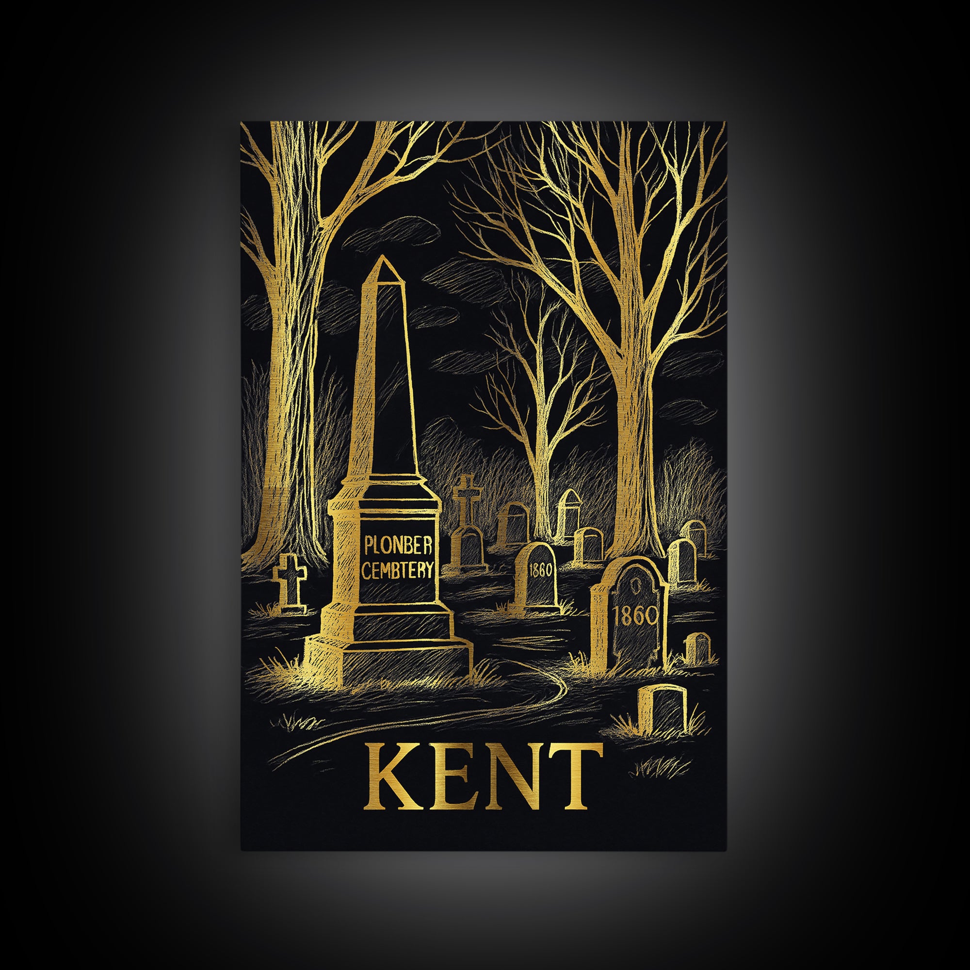 Kent Travel Poster, Framed Canvas Print, Elegant Gold City Art, Kent City Art, Travel Poster Art, Vintage Travel Art, City Illustration