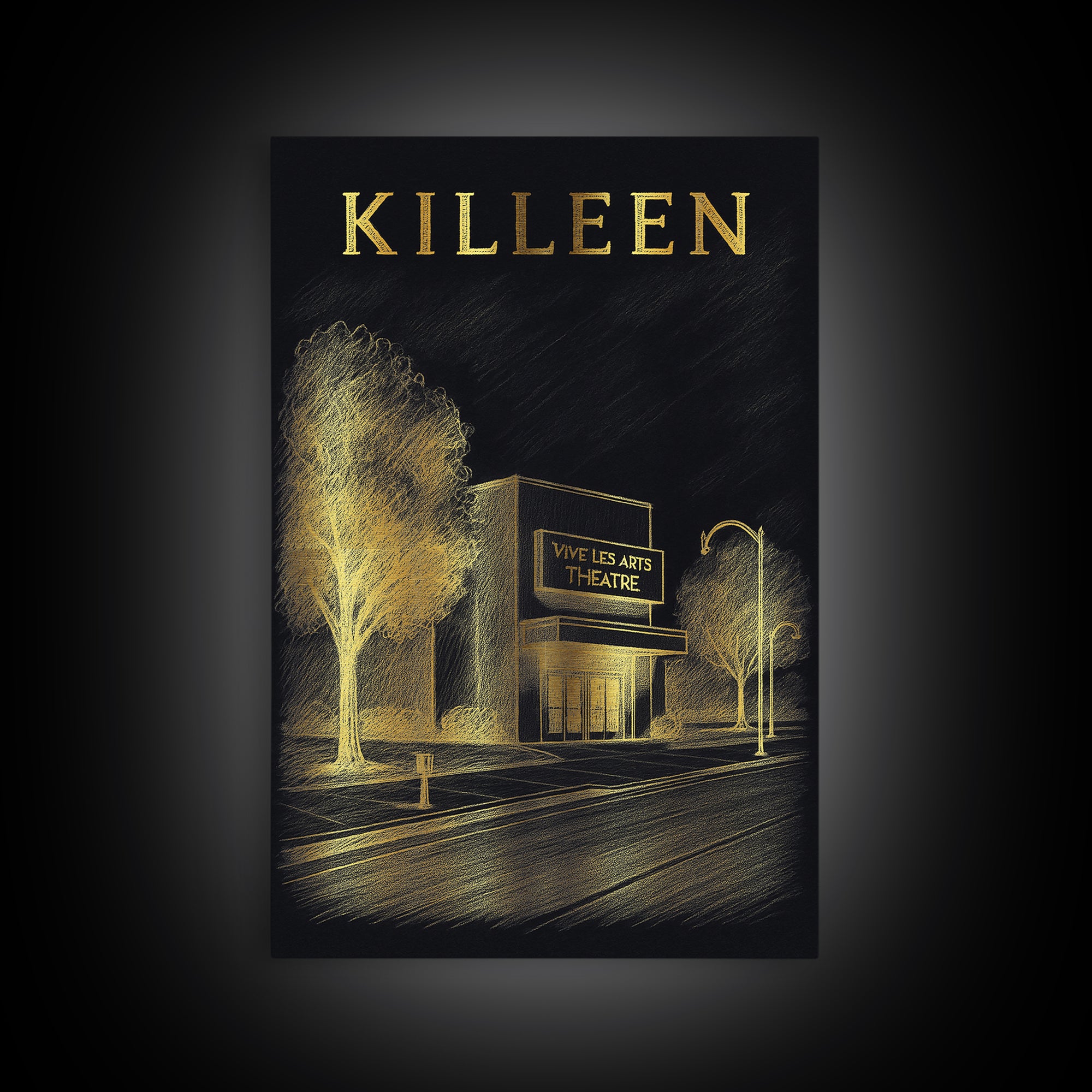 Killeen Texas Travel Poster, Canvas Print, Black And Gold Line Art, Killeen Travel Art, Vintage City Art, Gift For Travelers, Design 1