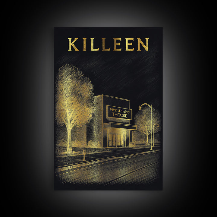 Killeen Texas Travel Poster, Canvas Print, Black And Gold Line Art, Killeen Travel Art, Vintage City Art, Gift For Travelers, Design 1
