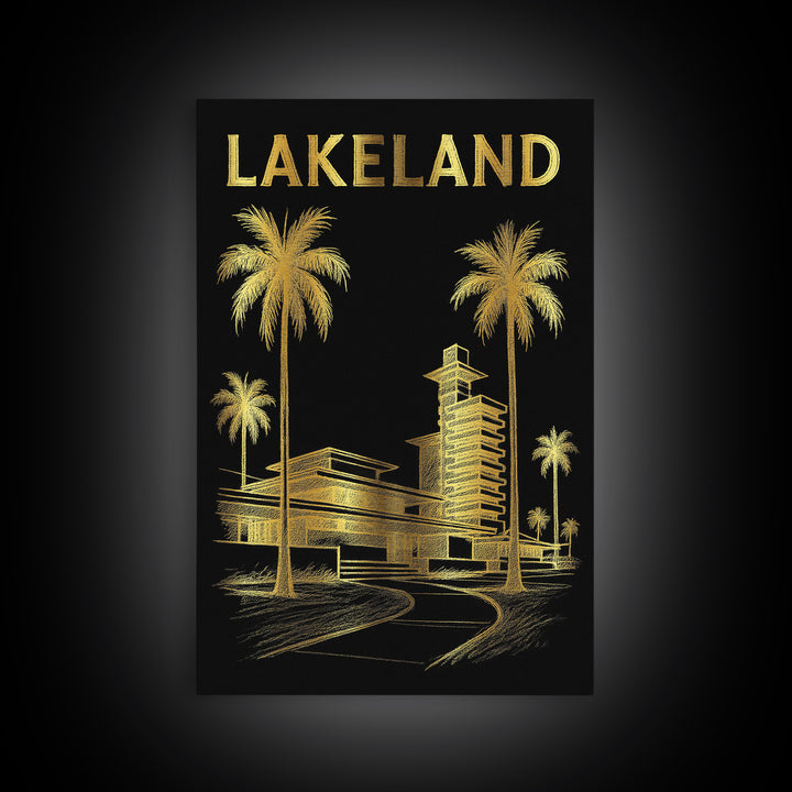 Lakeland Florida Travel Poster, Framed Canvas Print, Gold Sketch Wall Art, Lakeland Wall Art, Vintage Travel Print, Mid Century Wall Art