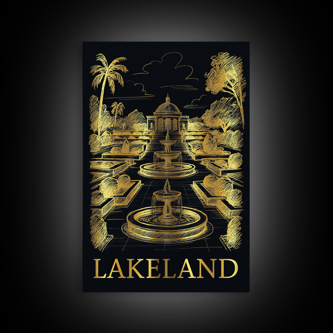 Lakeland Travel Poster, Canvas Print, Elegant Gold City Art, Lakeland Wall Art, Travel Art Print, City Art Print, Eclectic Wall Decor