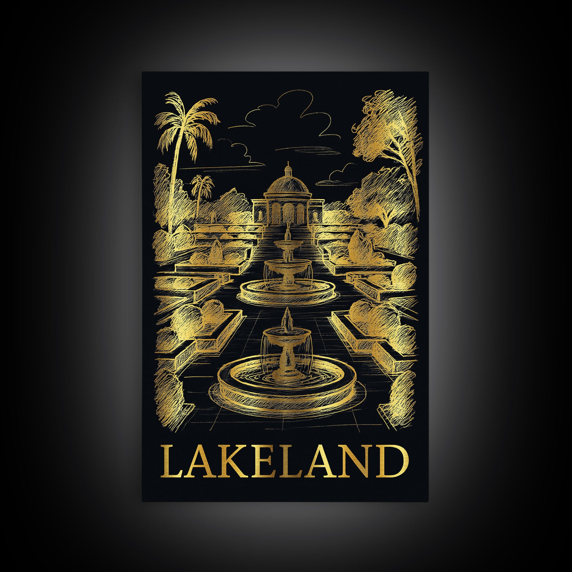 Lakeland Travel Poster, Canvas Print, Elegant Gold City Art, Lakeland Wall Art, Travel Art Print, City Art Print, Eclectic Wall Decor