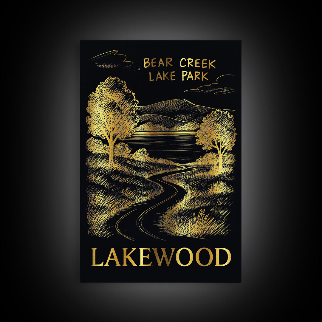 Lakewood Travel Poster, Framed Canvas Print, Elegant Gold City Art, Lakewood City Art, Travel Poster Set, Eclectic Wall Decor, Wall Art