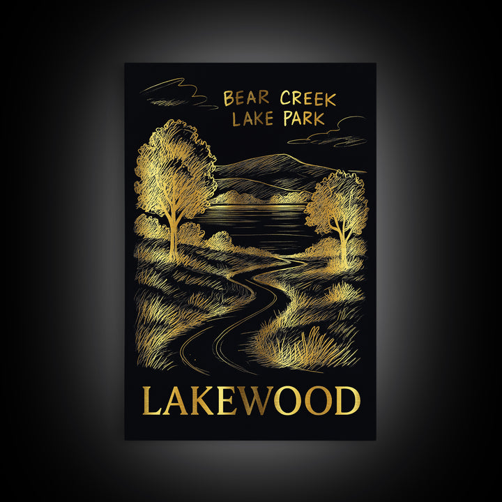 Lakewood Travel Poster, Framed Canvas Print, Elegant Gold City Art, Lakewood City Art, Travel Poster Set, Eclectic Wall Decor, Wall Art