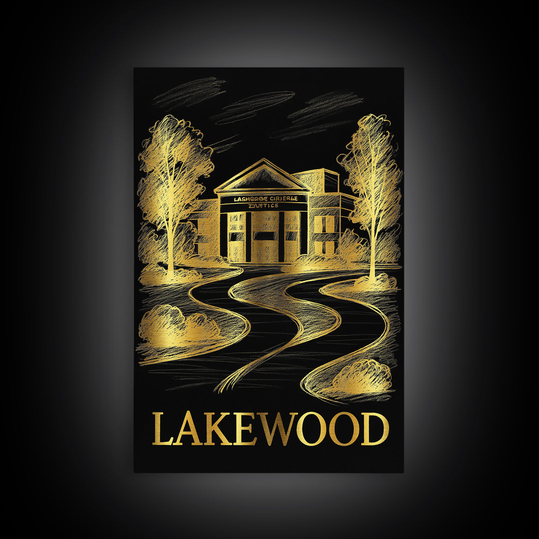 Lakewood Travel Poster, Framed Canvas Print, Elegant Gold City Art, Lakewood Wall Art, Travel Wall Decor, Travel Art Print, Poster Art