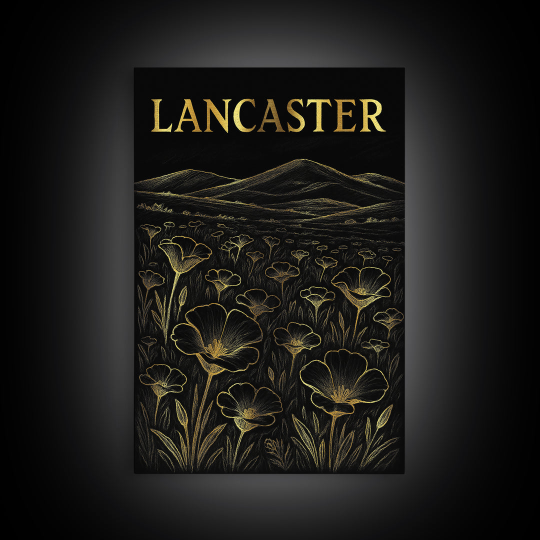 Lancaster California Travel Poster, Framed Canvas Print, Elegant Gold City Art, Lancaster City Art, Mid Century Wall Art, City Illustration