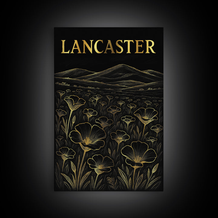 Lancaster California Travel Poster, Framed Canvas Print, Elegant Gold City Art, Lancaster City Art, Mid Century Wall Art, City Illustration