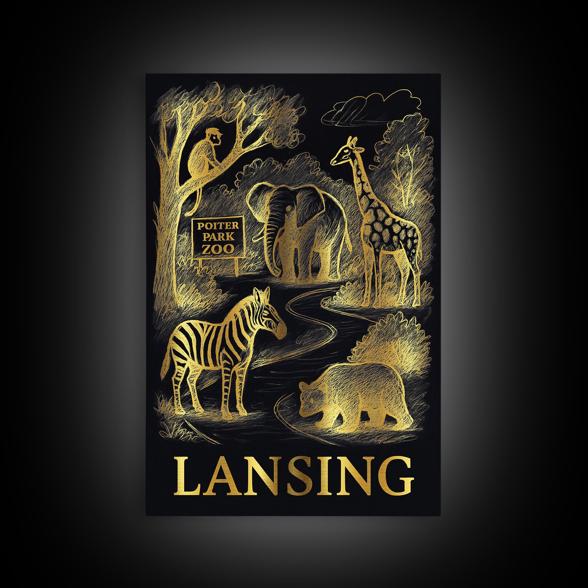 Lansing Travel Poster, Canvas Print, Gold Sketch Wall Art, Lansing Travel Art, Living Room Wall Art, Travel Wall Art, Retro Travel Print