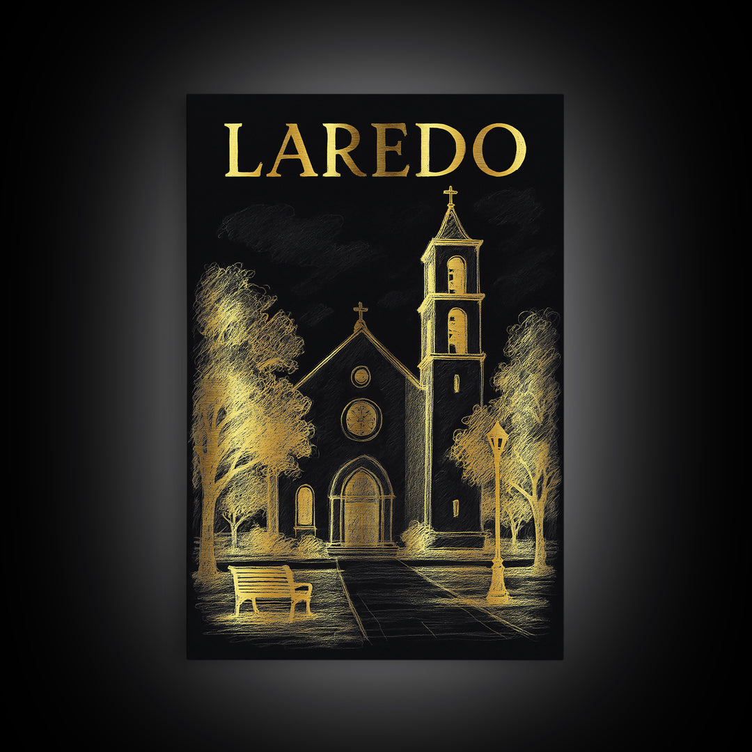 Laredo Texas Travel Poster, Canvas Print, Black And Gold Line Art, Laredo City Art, Watercolor Skyline Art, Fine Art Print, Travel Posters