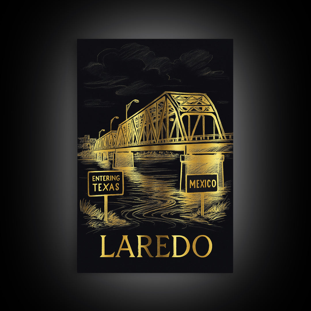 Laredo Travel Poster, Framed Canvas Print, Dark Background Poster Art, Laredo City Art, Eclectic Wall Decor, Modern Wall Decor