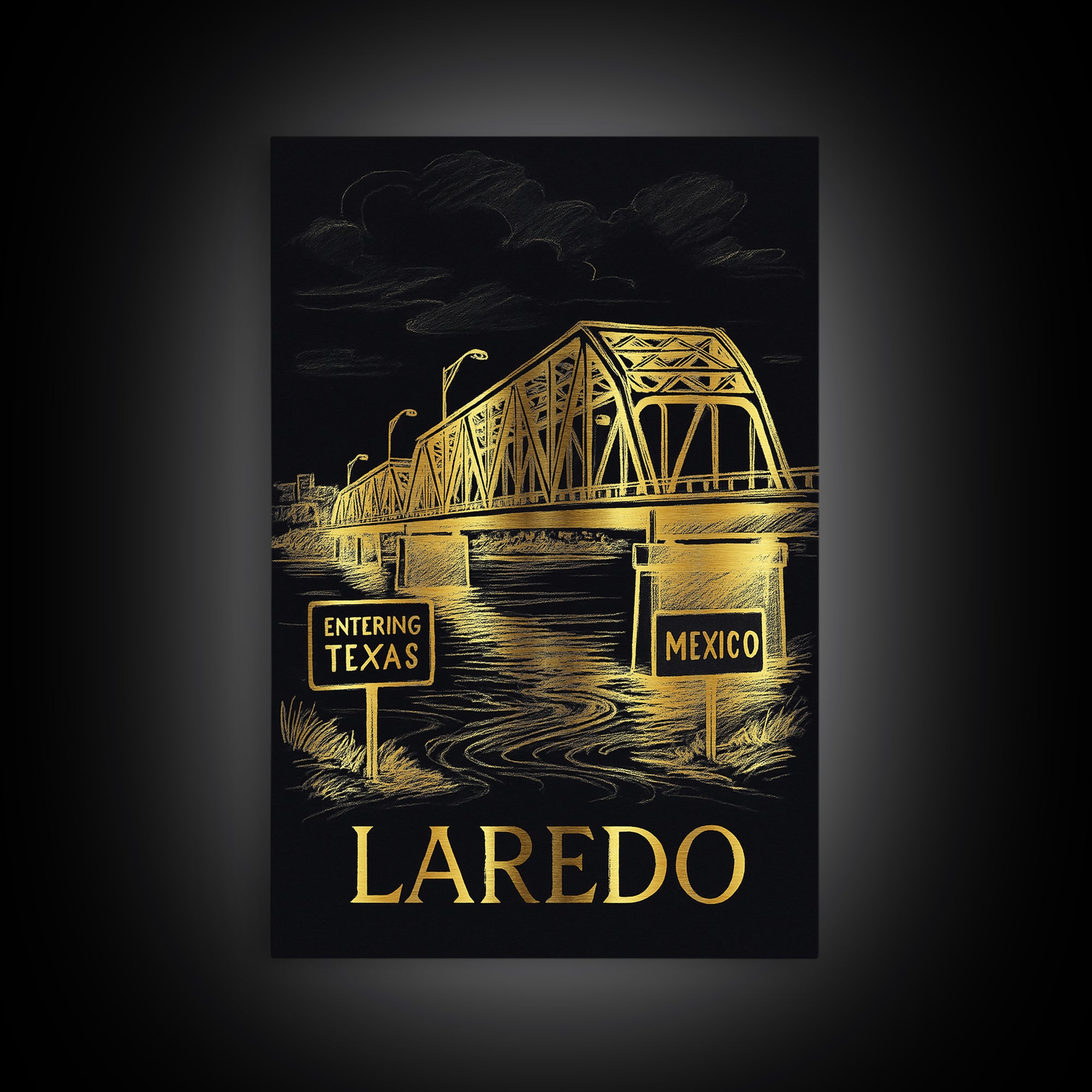 Laredo Travel Poster, Framed Canvas Print, Dark Background Poster Art, Laredo City Art, Eclectic Wall Decor, Modern Wall Decor
