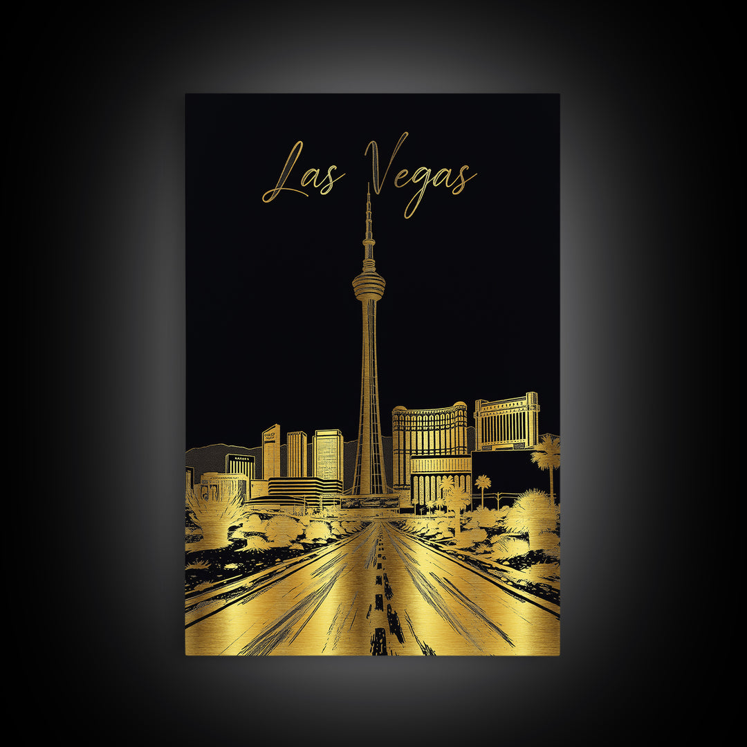 Las Vegas Travel Poster, Framed Canvas Print, Gold Sketch Wall Art, Las Vegas Art Print, Modern Wall Decor, Watercolor Cityscape